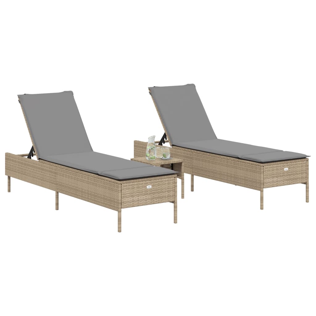 3-tlg. Sonnenliegen-Set mit Auflage Beige Poly Rattan