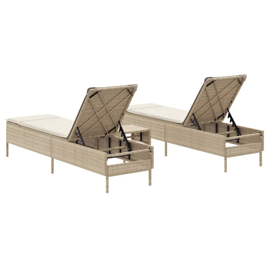 3-tlg. Sonnenliegen-Set mit Auflage Beige Poly Rattan