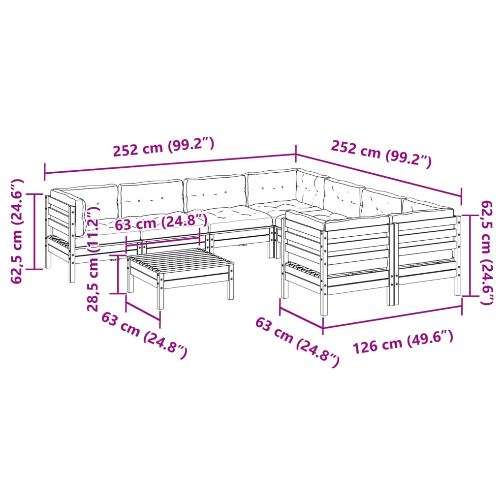 9-tlg. Garten-Sofagarnitur mit Kissen Wachsbraun Kiefernholz