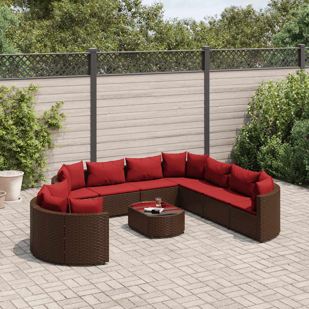 10-tlg. Garten-Sofagarnitur mit Kissen Braun Poly Rattan