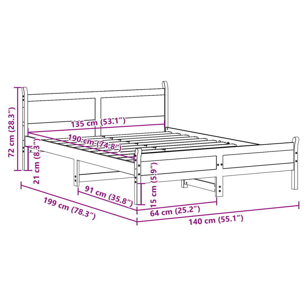 Massivholzbett ohne Matratze 135x190 cm Kiefernholz