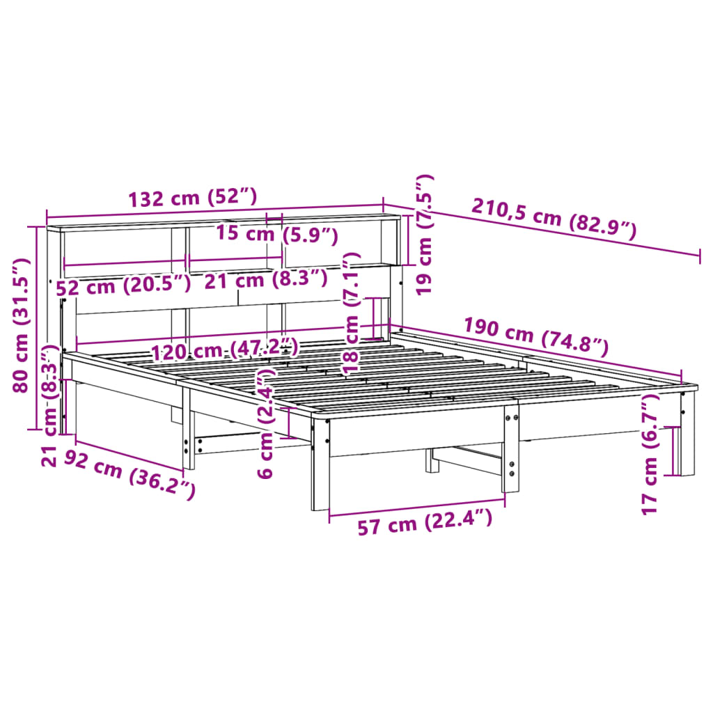 Massivholzbett mit Regal ohne Matratze Wachsbraun 120x190 cm