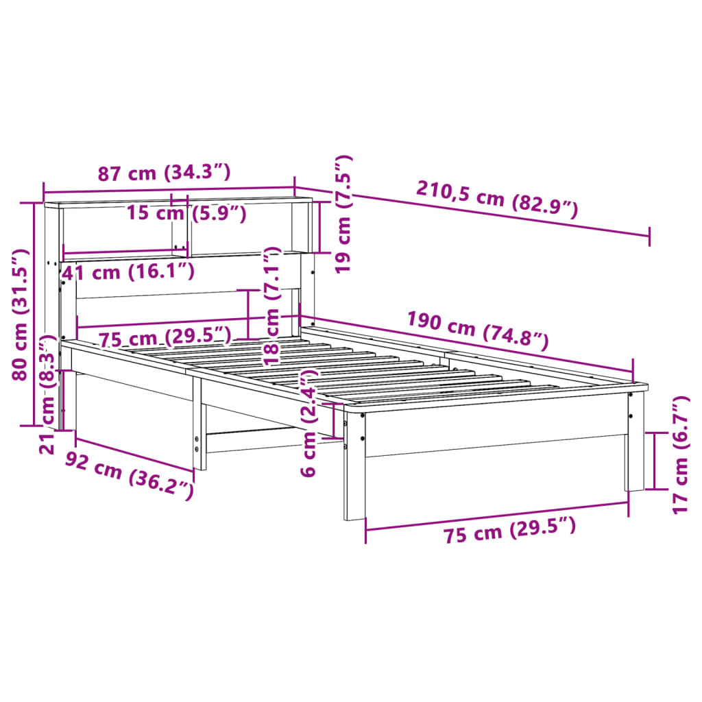 Massivholzbett mit Regal ohne Matratze Wachsbraun 75x190 cm