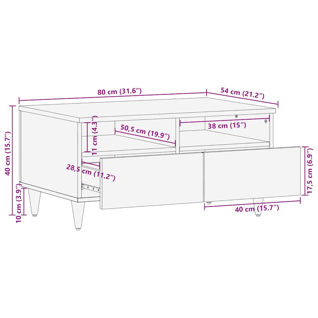 Couchtisch Hellgrau 80x54x40 cm Massivholz Mango