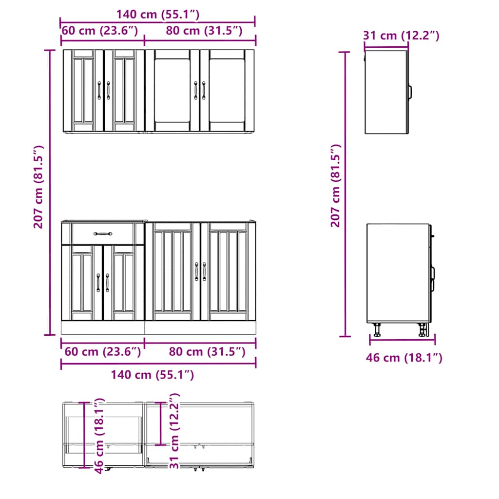 4-tlg. Küchenschrank-Set Kalmar Räuchereiche Holzwerkstoff