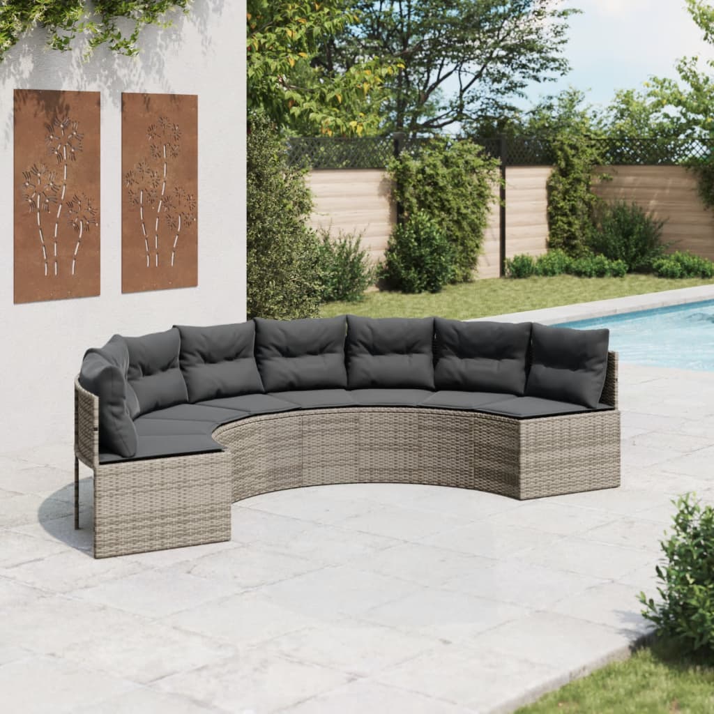 Gartensofa mit Kissen Halbrund Grau Poly Rattan