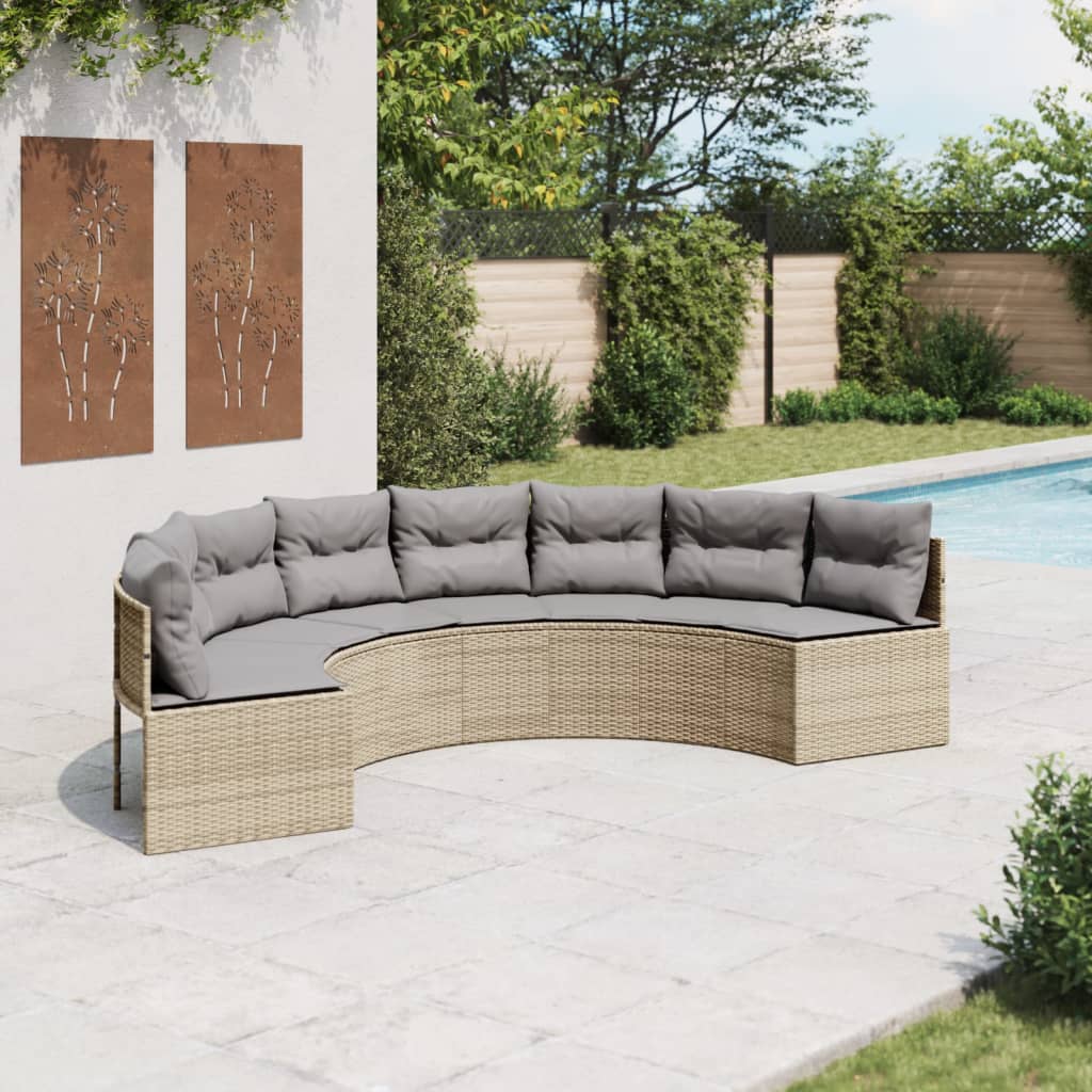 Gartensofa mit Kissen Halbrund Beige Poly-Rattan