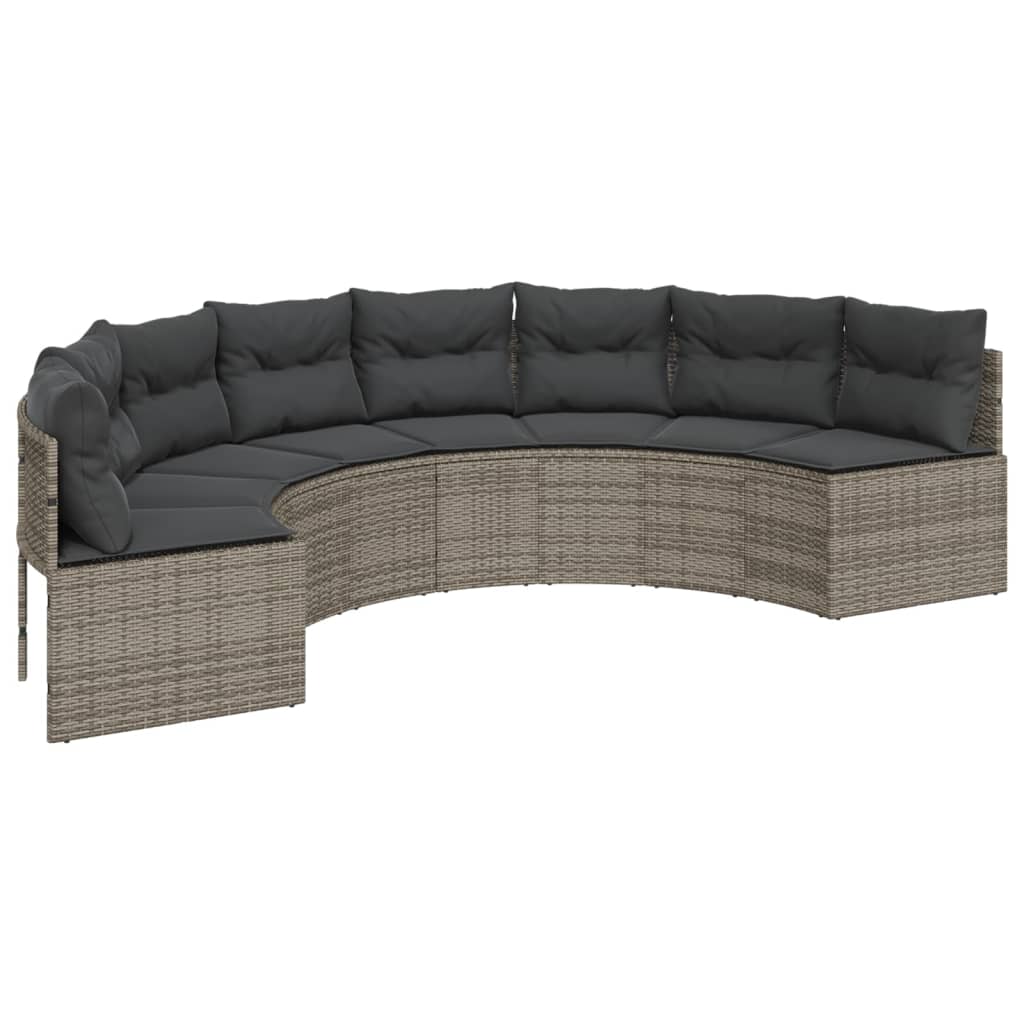 Gartensofa mit Tisch und Kissen Halbrund Grau Poly Rattan