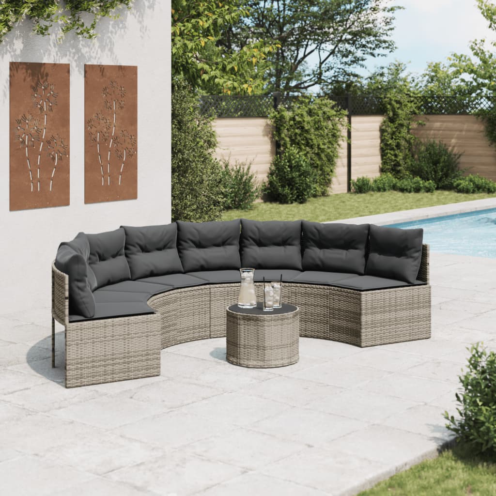 Gartensofa mit Tisch und Kissen Halbrund Grau Poly Rattan