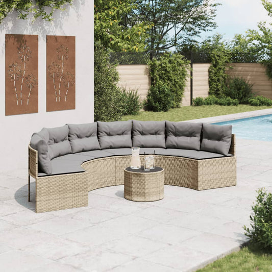 Gartensofa mit Tisch und Kissen Halbrund Beige Poly-Rattan