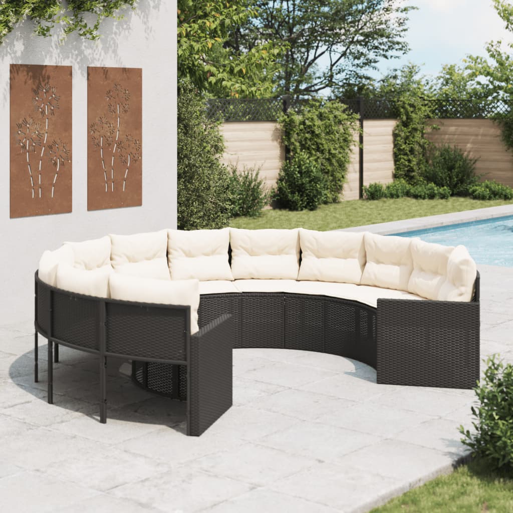 Gartensofa mit Kissen Rund Schwarz Poly-Rattan