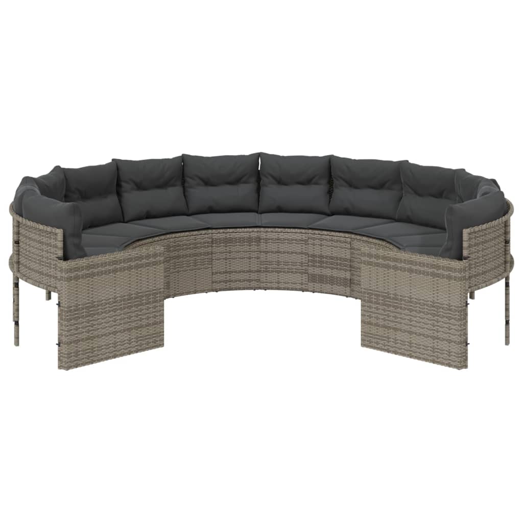 Gartensofa mit Kissen Rund Grau Poly Rattan