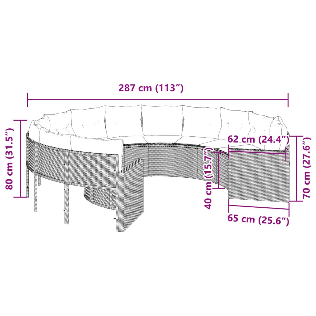 Gartensofa mit Kissen Rund Grau Poly Rattan