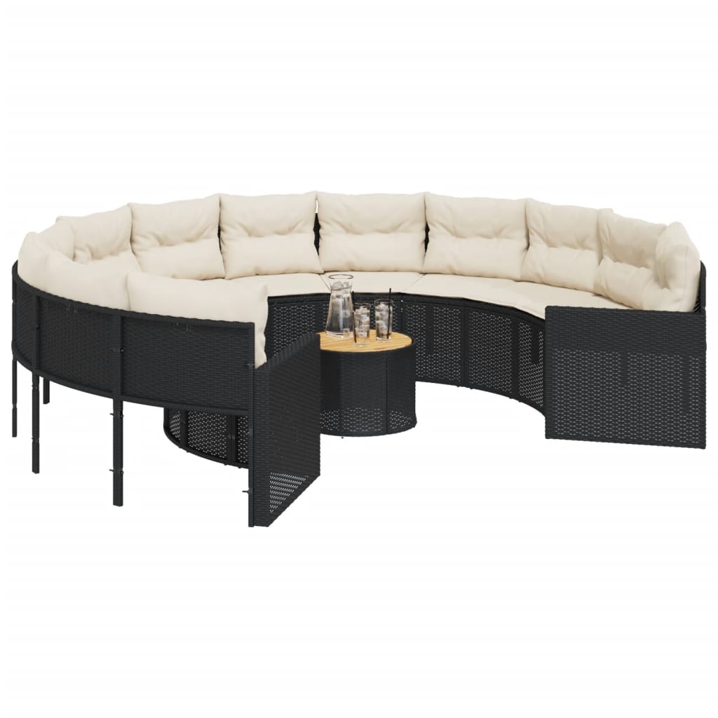 Gartensofa mit Tisch und Kissen Rund Schwarz Poly-Rattan