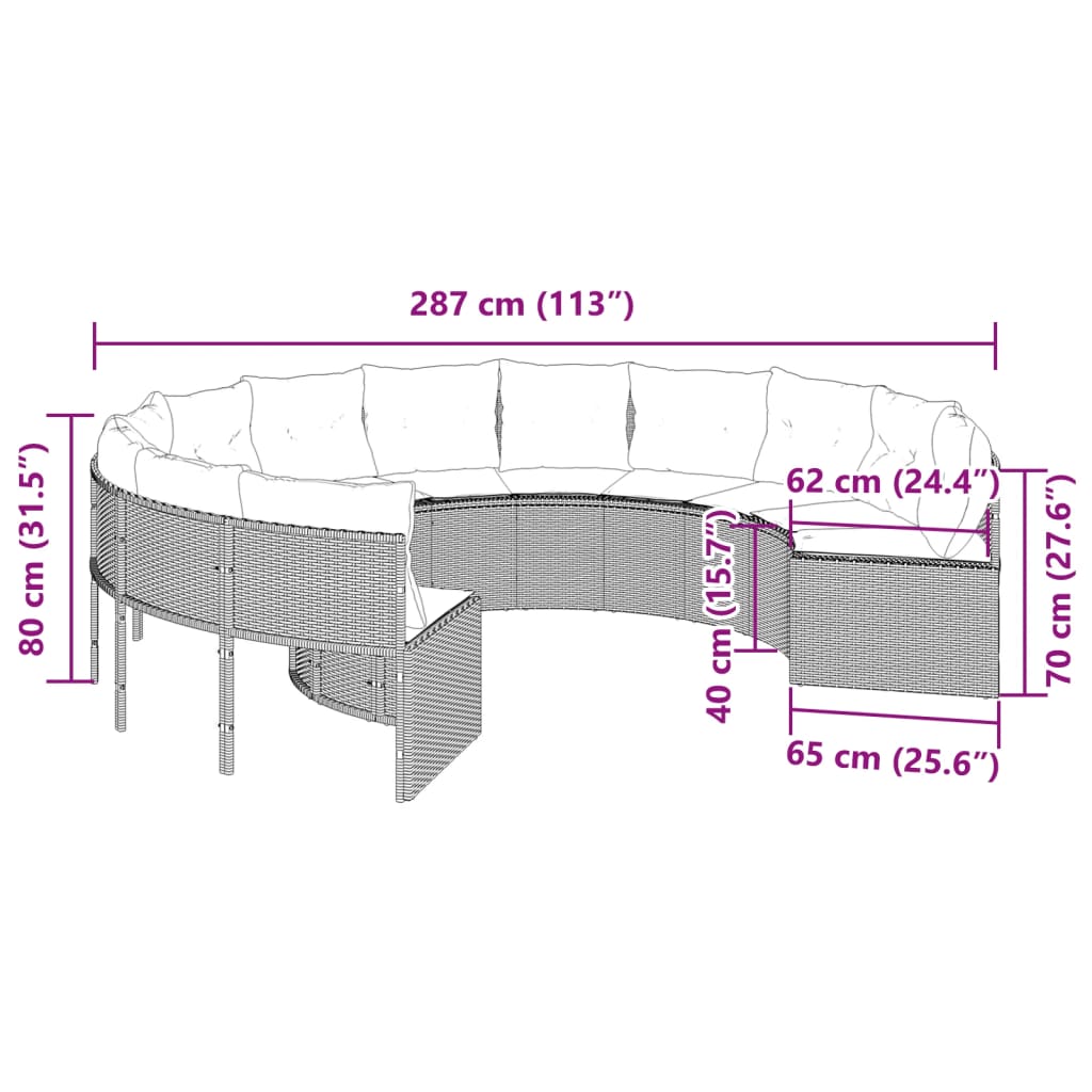 Gartensofa mit Kissen Rund Schwarz Poly-Rattan