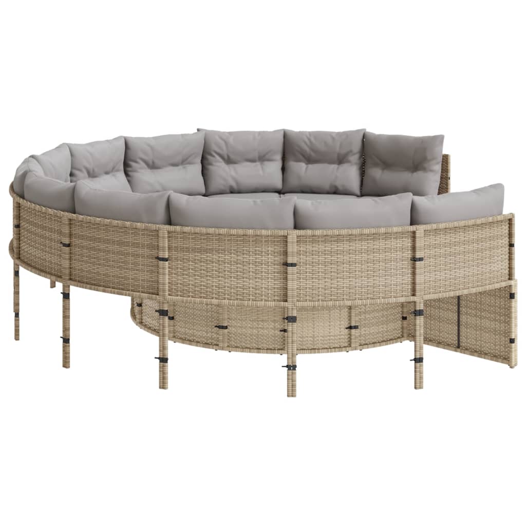 Gartensofa mit Tisch und Kissen Rund Beige Poly-Rattan