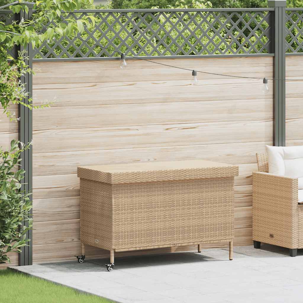 Gartentruhe mit Rollen Beige 110x55x73 cm Poly Rattan