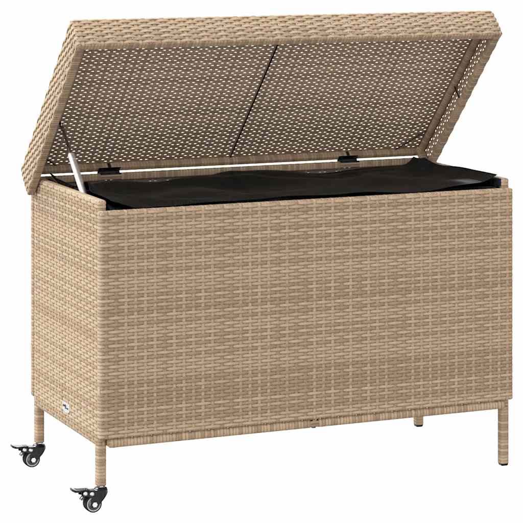 Gartentruhe mit Rollen Beige 110x55x73 cm Poly Rattan