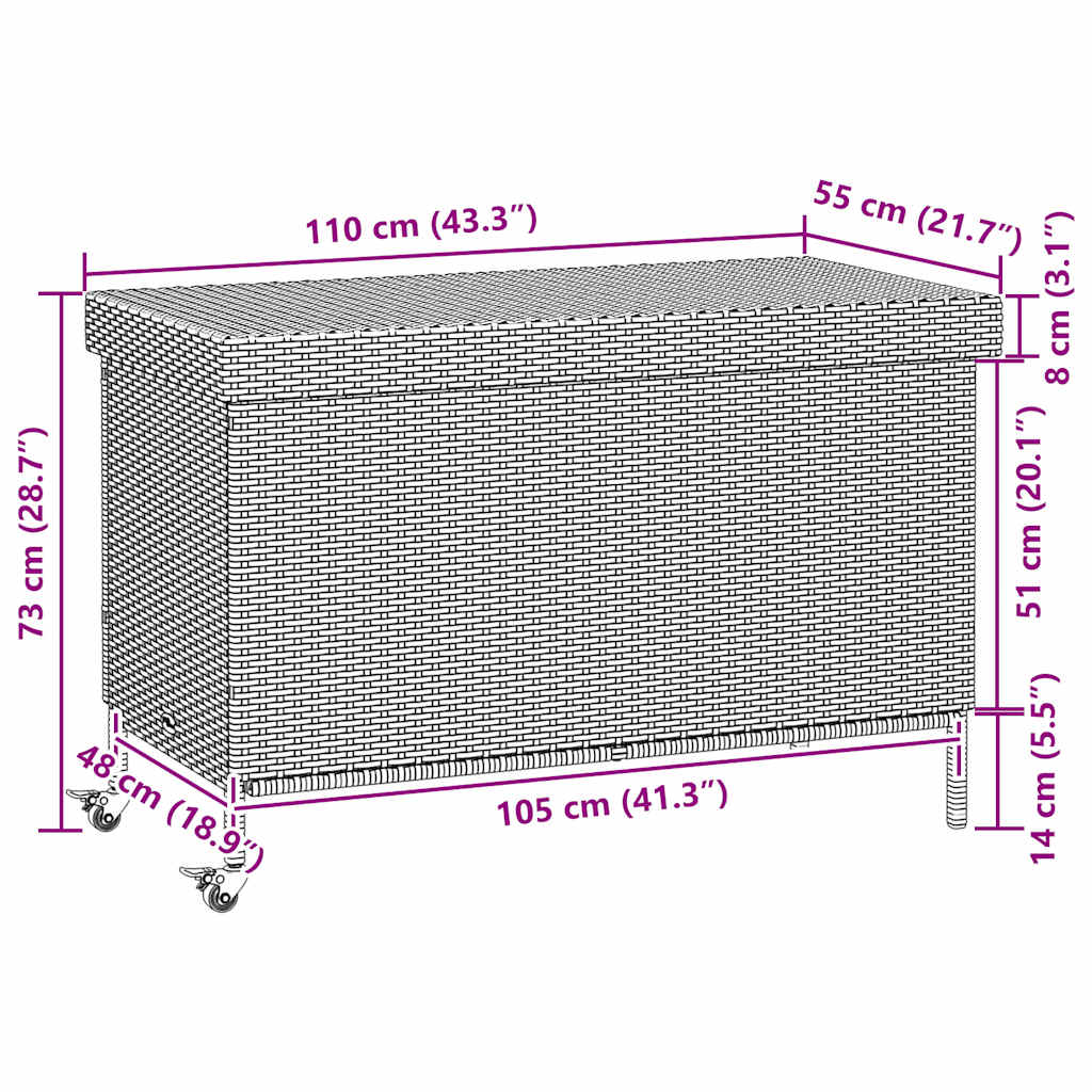 Gartentruhe mit Rollen Hellgrau 110x55x73 cm Poly Rattan