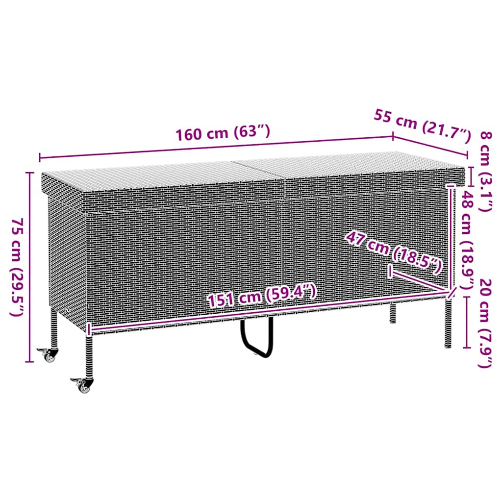 Gartentruhe mit Rollen Schwarz 160x55x75 cm Poly Rattan