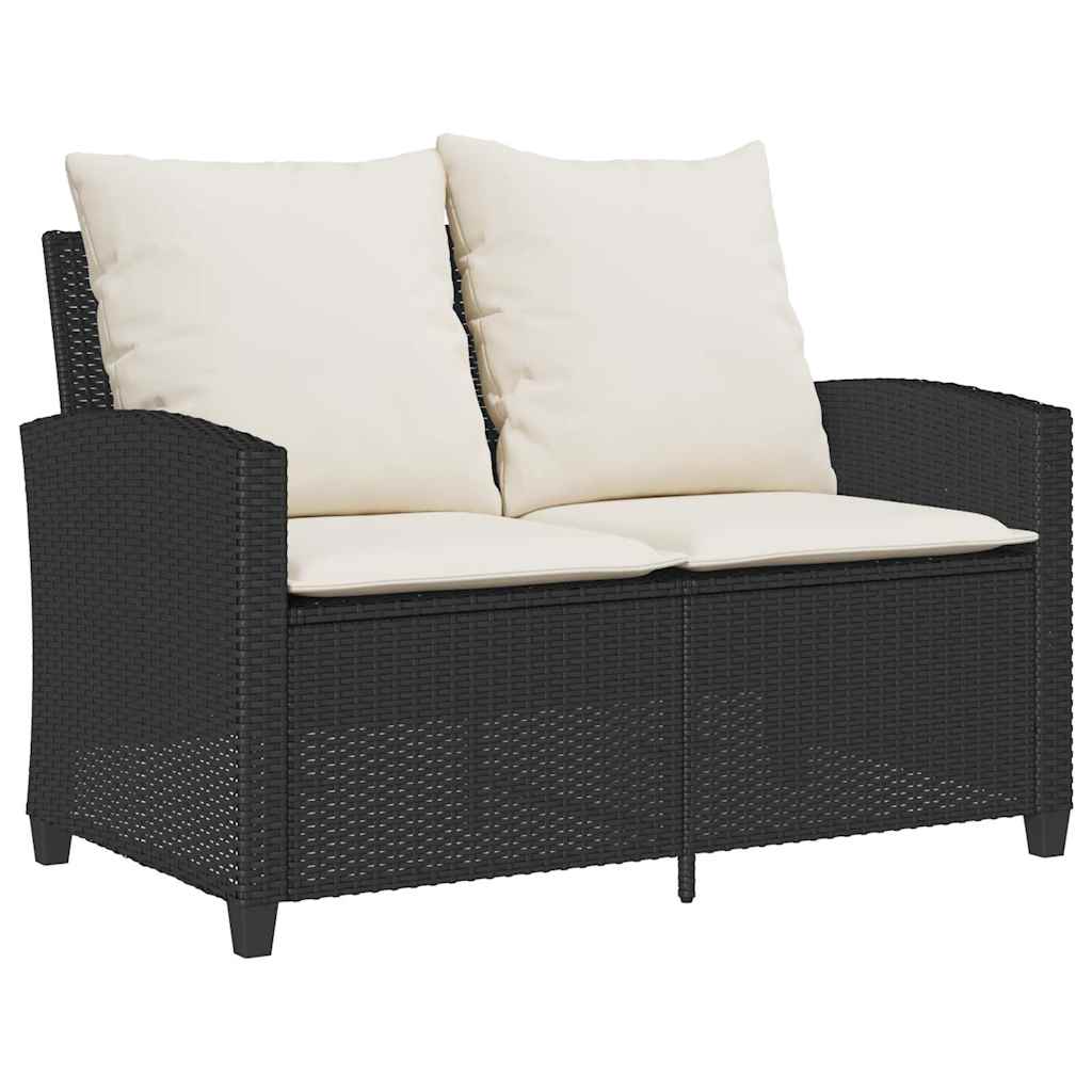 Gartensofa 2-Sitzer mit Kissen & Tisch Schwarz Poly Rattan