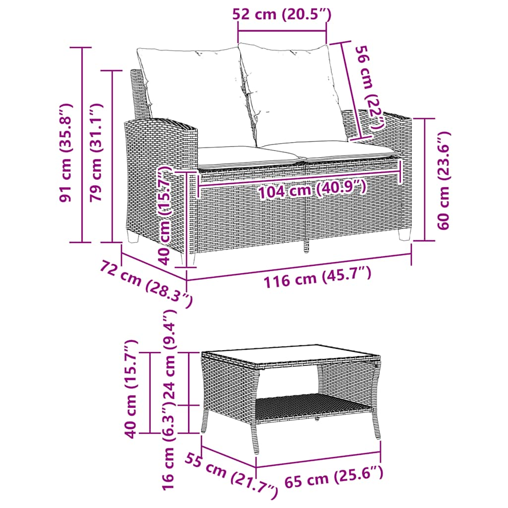 Gartensofa 2-Sitzer mit Kissen & Tisch Schwarz Poly Rattan