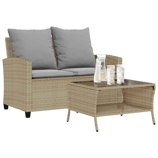 Gartensofa 2-Sitzer mit Kissen & Tisch Beige Poly Rattan