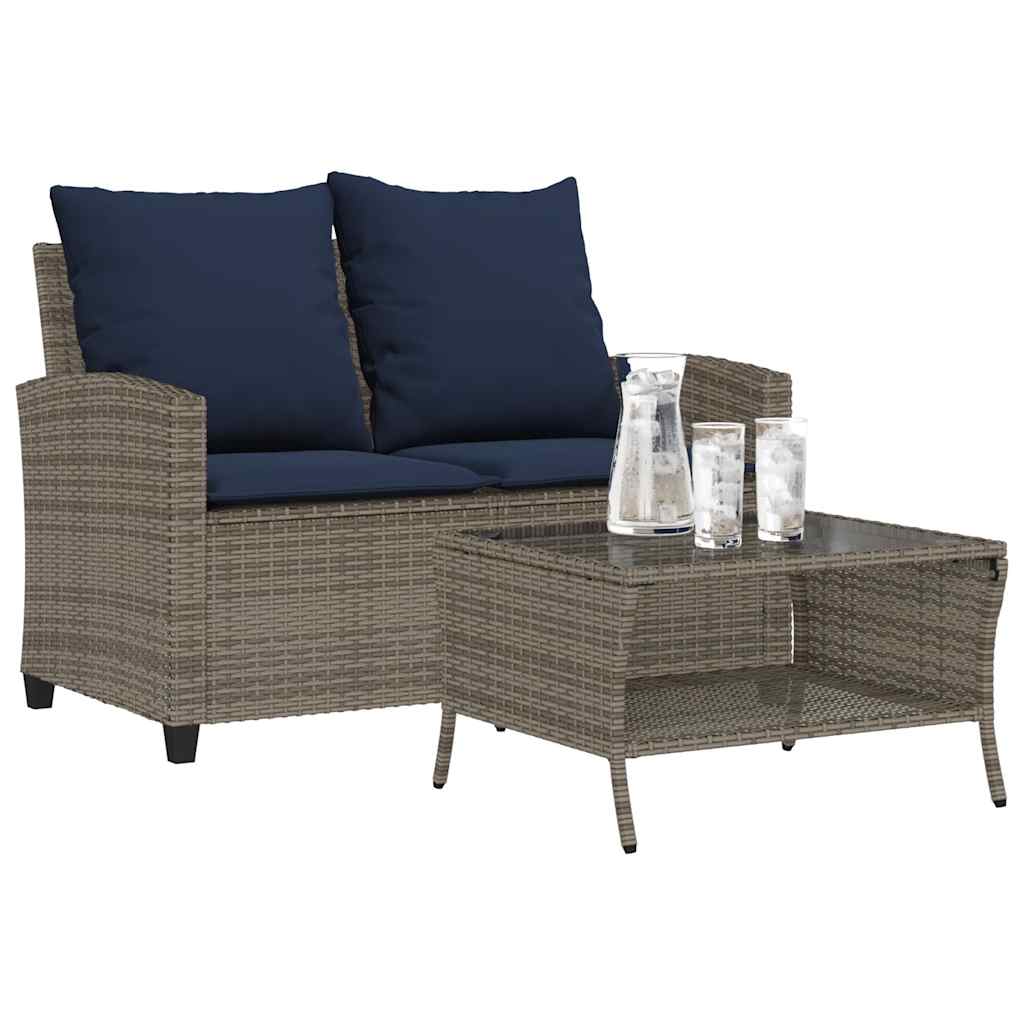 Gartensofa 2-Sitzer mit Kissen & Tisch Grau Poly Rattan