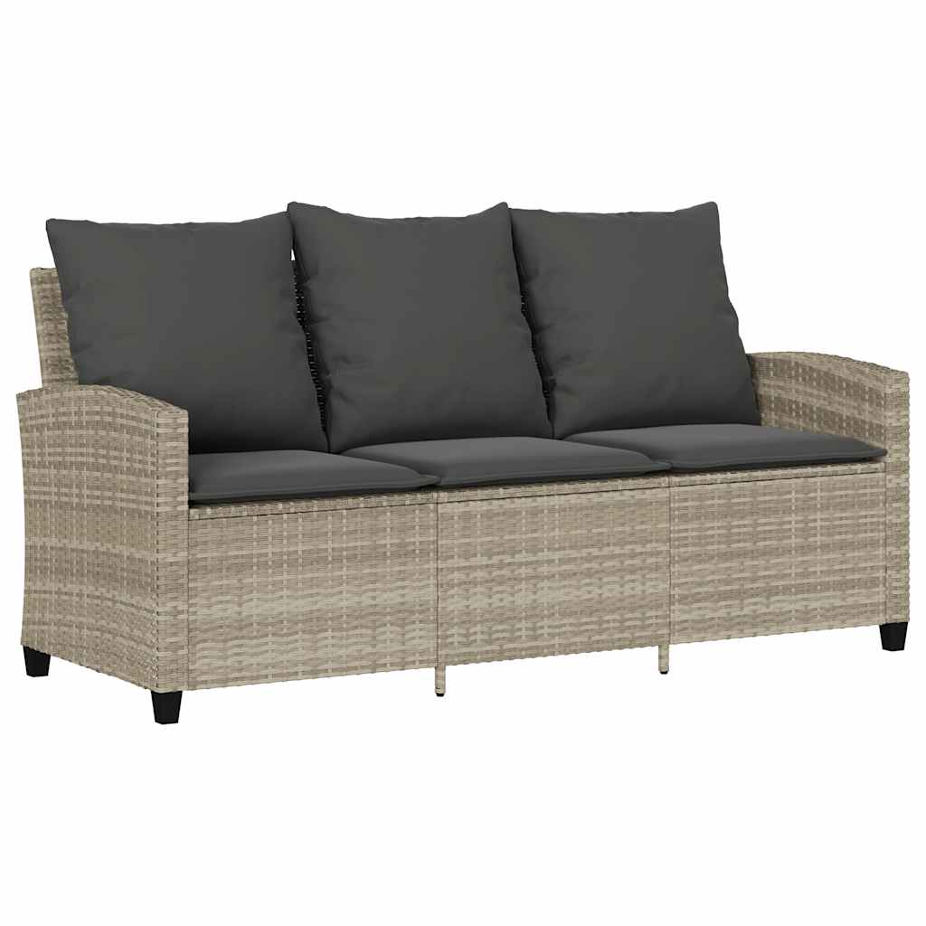 Gartensofa 3-Sitzer mit Kissen & Tisch Hellgrau Poly Rattan