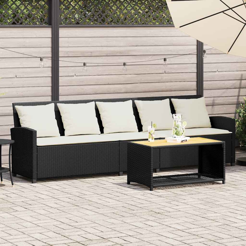 Gartensofa 5-Sitzer mit Kissen Schwarz Poly Rattan