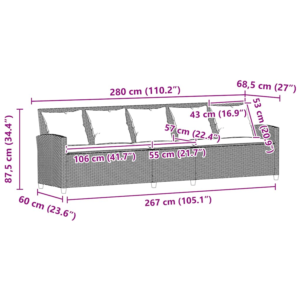 Gartensofa 5-Sitzer mit Kissen Schwarz Poly Rattan