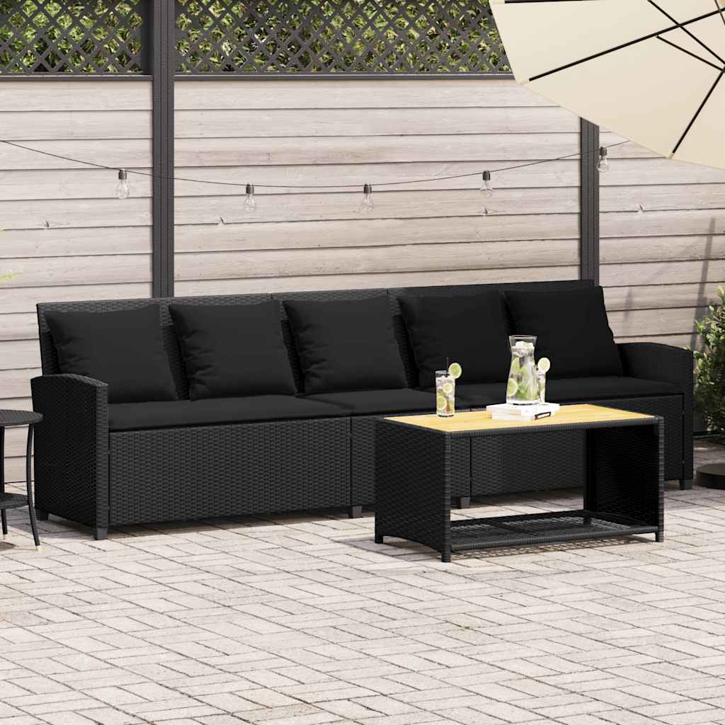 Gartensofa 5-Sitzer mit Kissen Schwarz Poly Rattan