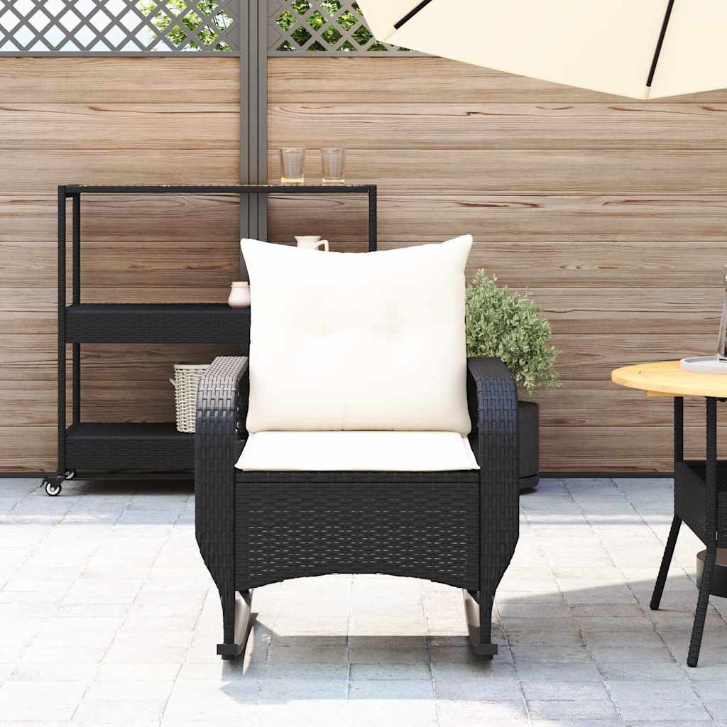 Garten-Schaukelstuhl mit Kissen Schwarz Poly Rattan