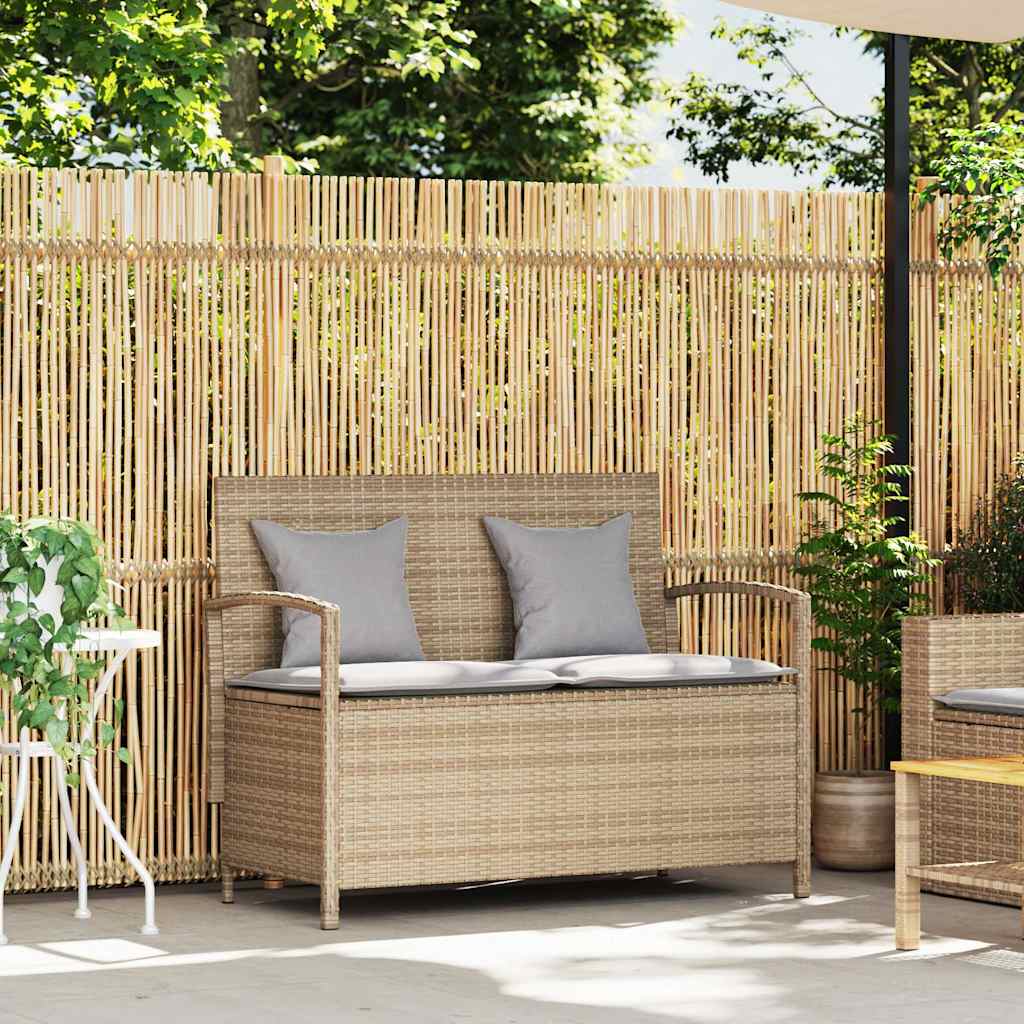 Gartenbank mit Stauraum und Kissen Beige Poly Rattan