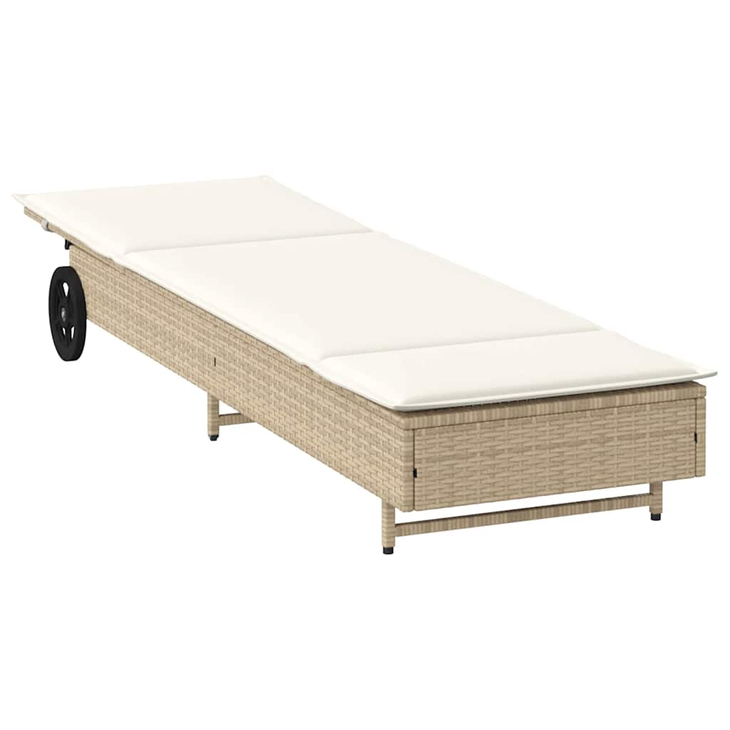 Sonnenliege mit Rollen und Auflage Beige Poly Rattan