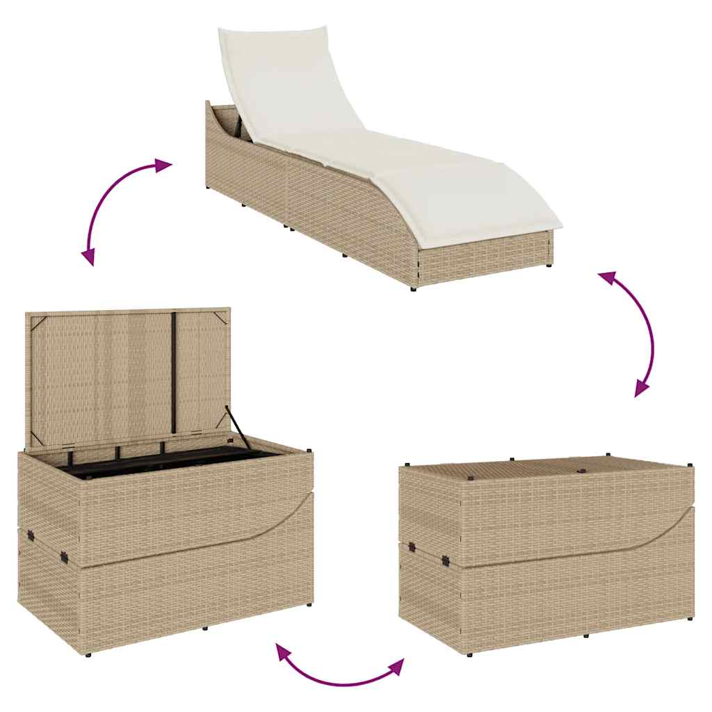 Klappliege mit Auflage und Stauraum Beige Poly-Rattan