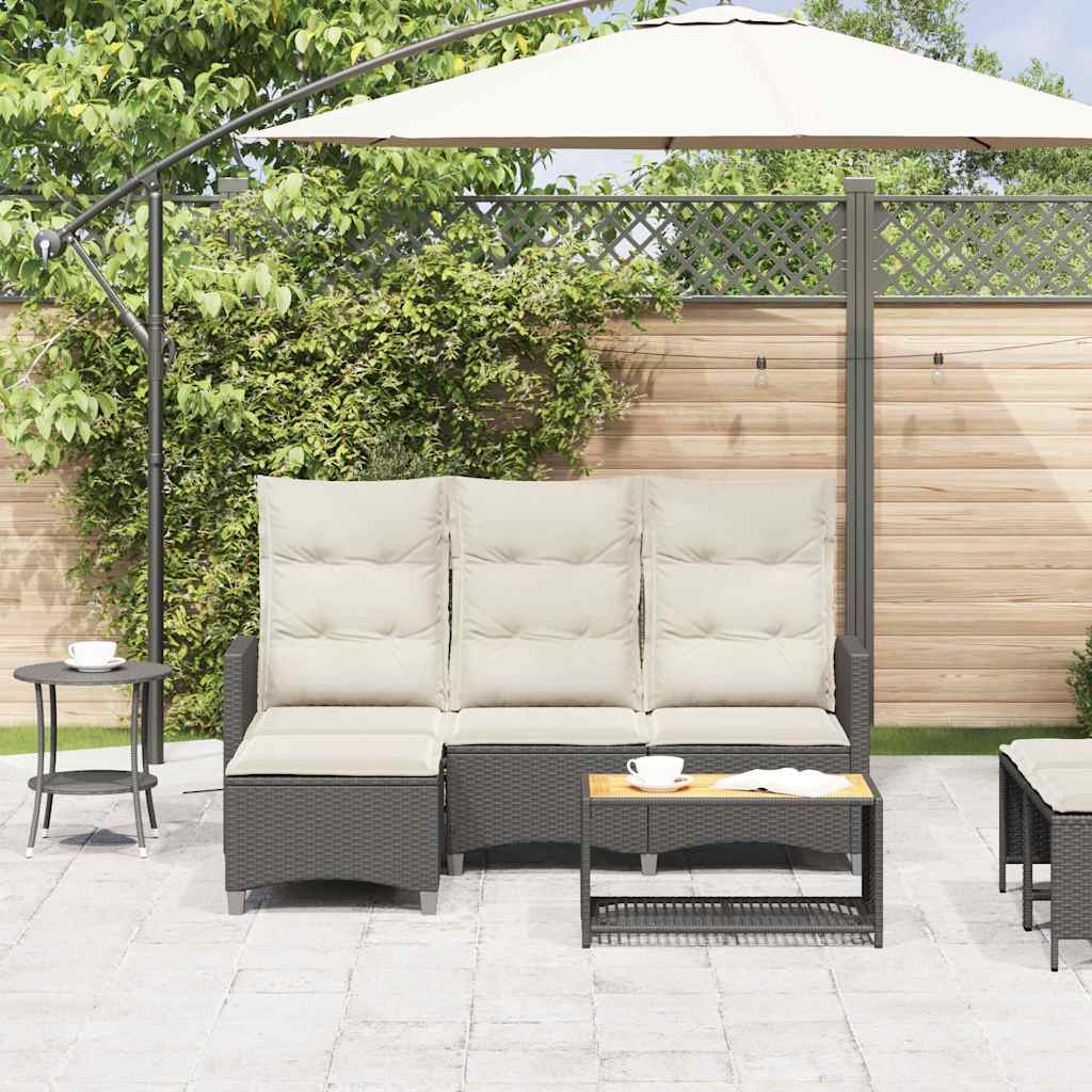 Gartensofa mit Liegefunktion Kissen L-Form Schwarz Poly Rattan