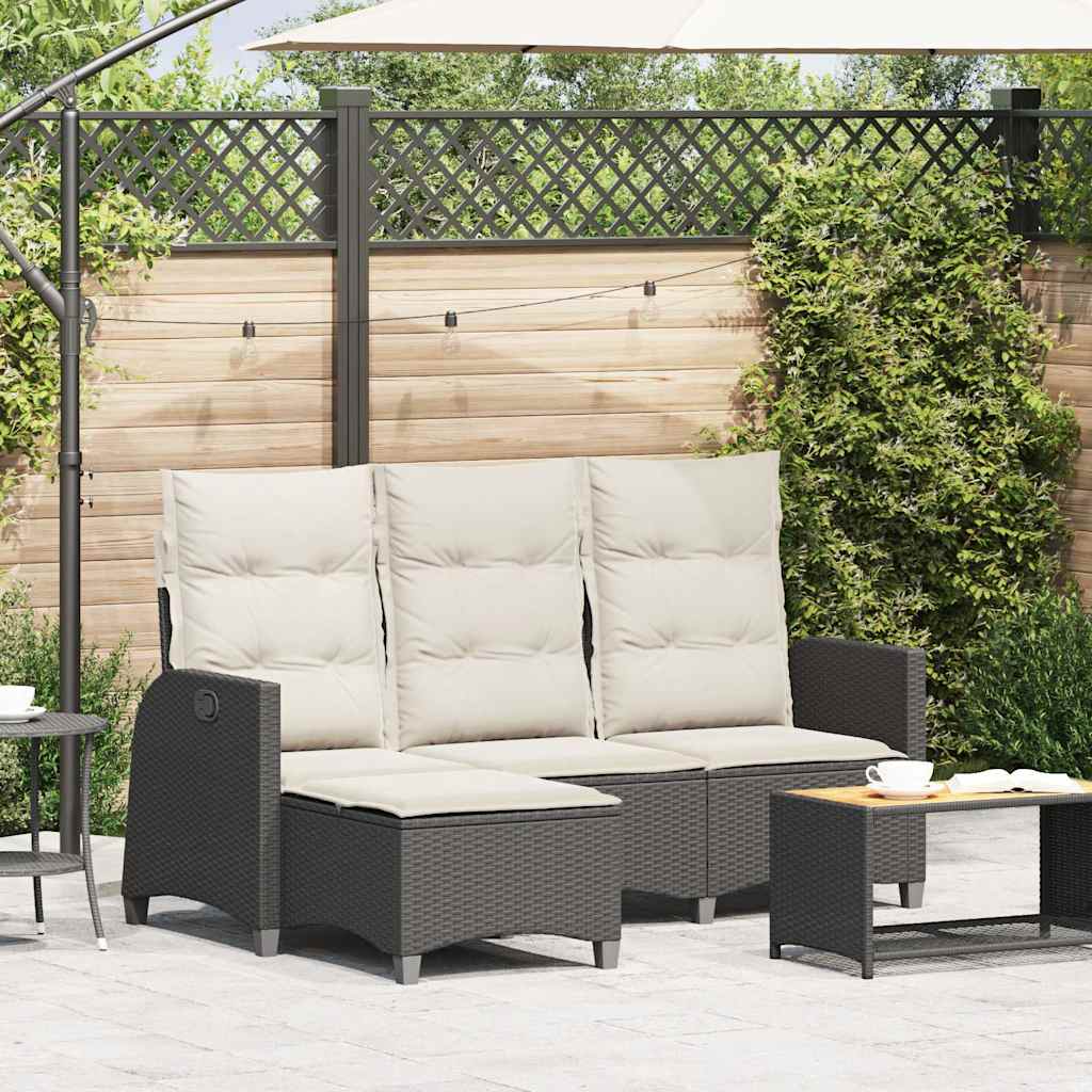 Gartensofa mit Liegefunktion Kissen L-Form Schwarz Poly Rattan