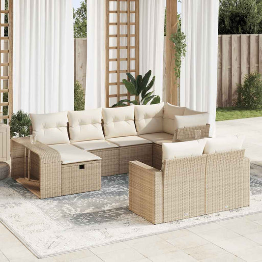 10-tlg. Garten-Sofagarnitur mit Kissen Beige Poly Rattan