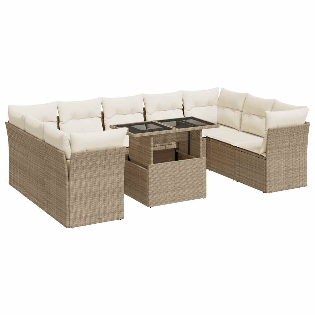 10-tlg. Garten-Sofagarnitur mit Kissen Beige Poly Rattan