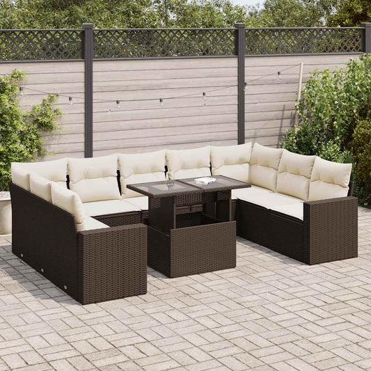 10-tlg. Garten-Sofagarnitur mit Kissen Braun Poly Rattan