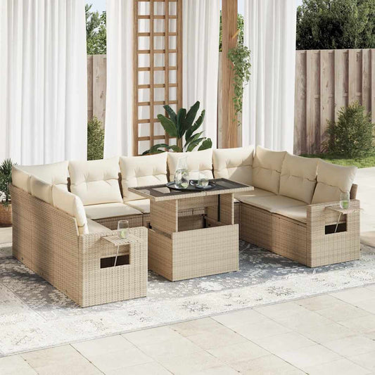 10-tlg. Garten-Sofagarnitur mit Kissen Beige Poly Rattan