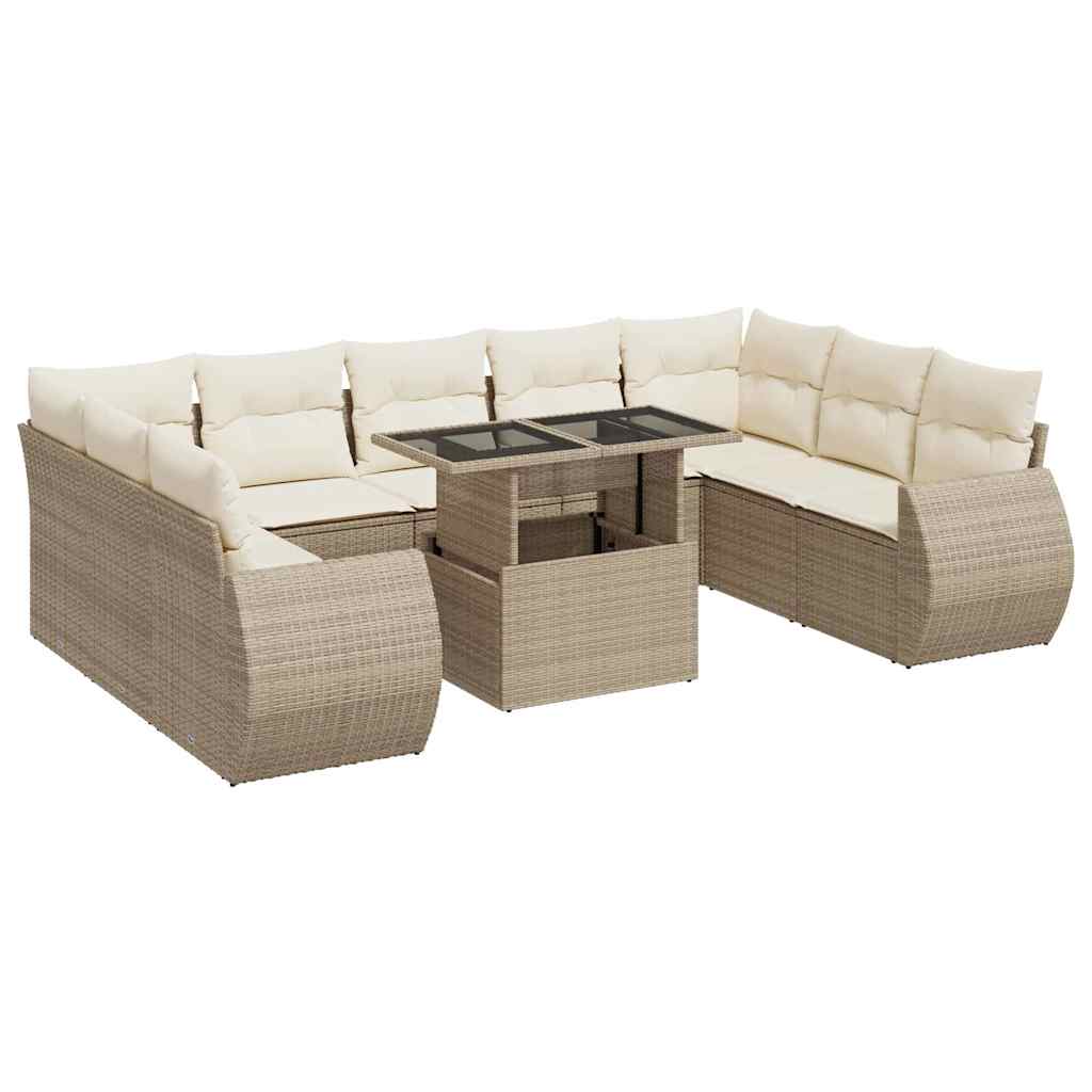 10-tlg. Garten-Sofagarnitur mit Kissen Beige Poly Rattan