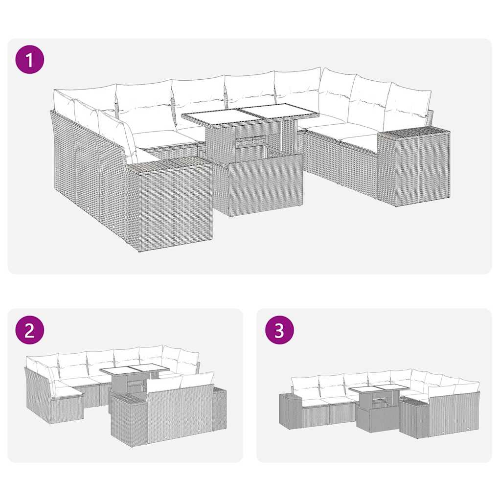 10-tlg. Garten-Sofagarnitur mit Kissen Braun Poly Rattan