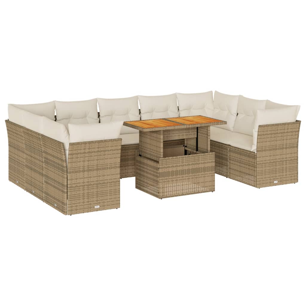 10-tlg. Garten-Sofagarnitur mit Kissen Beige Poly Rattan