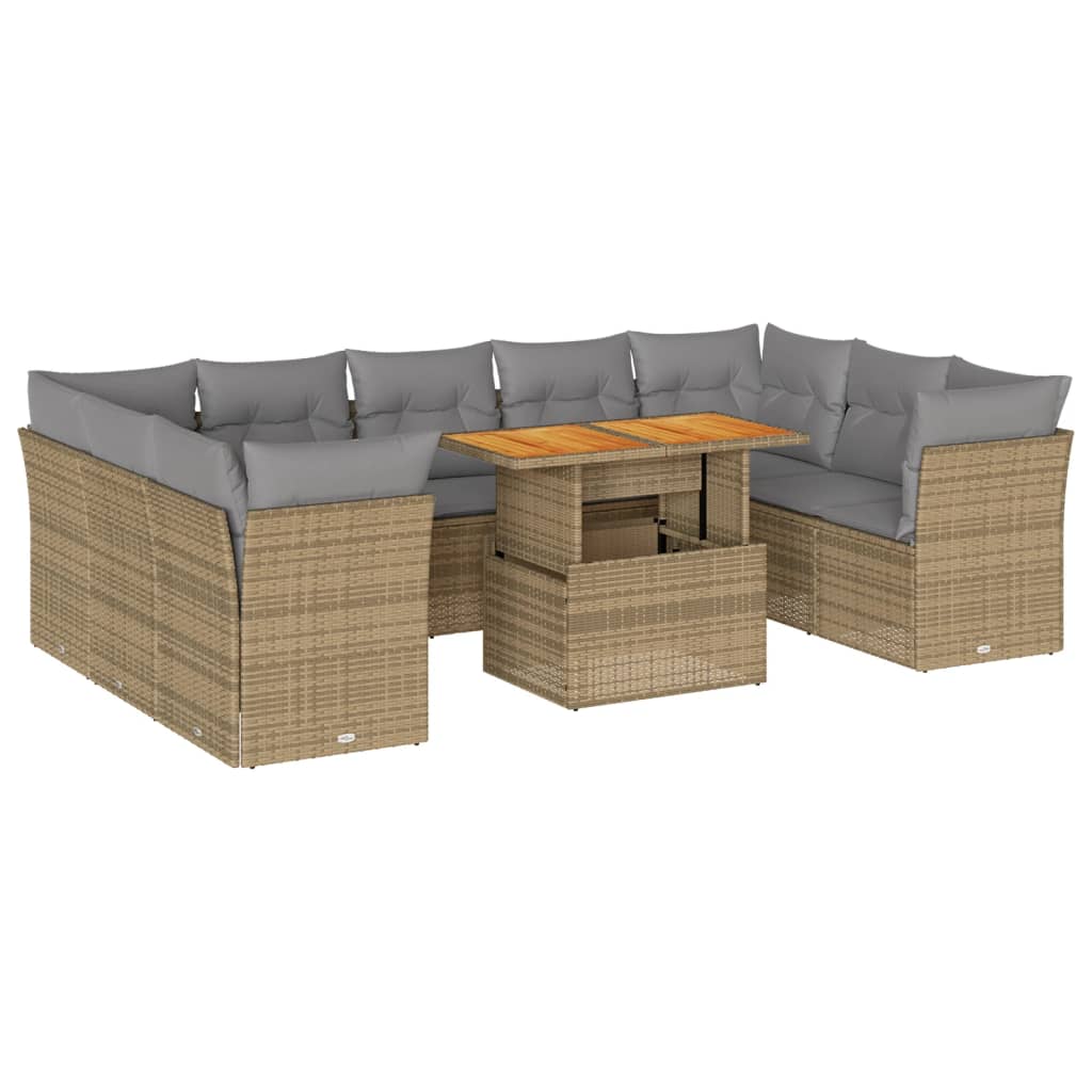 10-tlg. Garten-Sofagarnitur mit Kissen Beige Poly Rattan