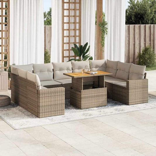 10-tlg. Garten-Sofagarnitur mit Kissen Beige Poly Rattan