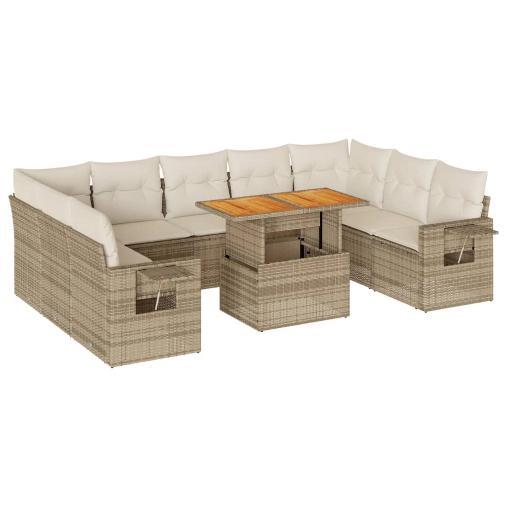 10-tlg. Garten-Sofagarnitur mit Kissen Beige Poly Rattan