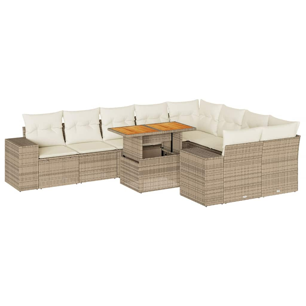 10-tlg. Garten-Sofagarnitur mit Kissen Beige Poly Rattan Akazie