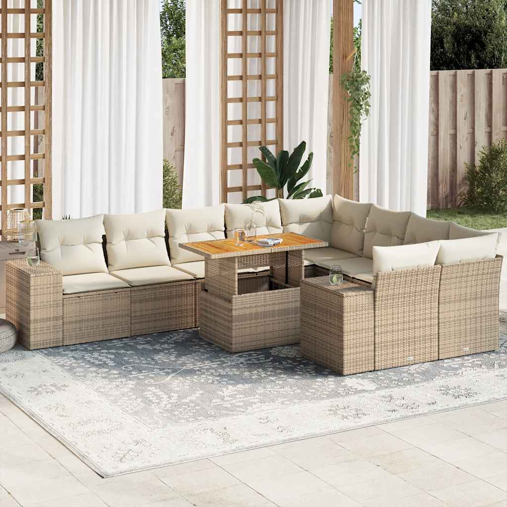 10-tlg. Garten-Sofagarnitur mit Kissen Beige Poly Rattan Akazie